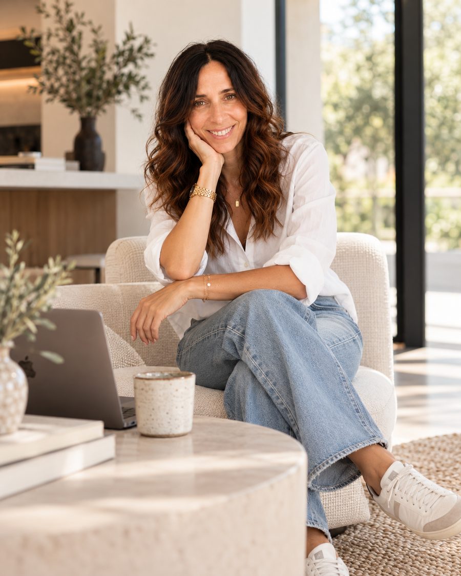 Tanya Ganian smiling, sitting in a bright living room with her laptop
